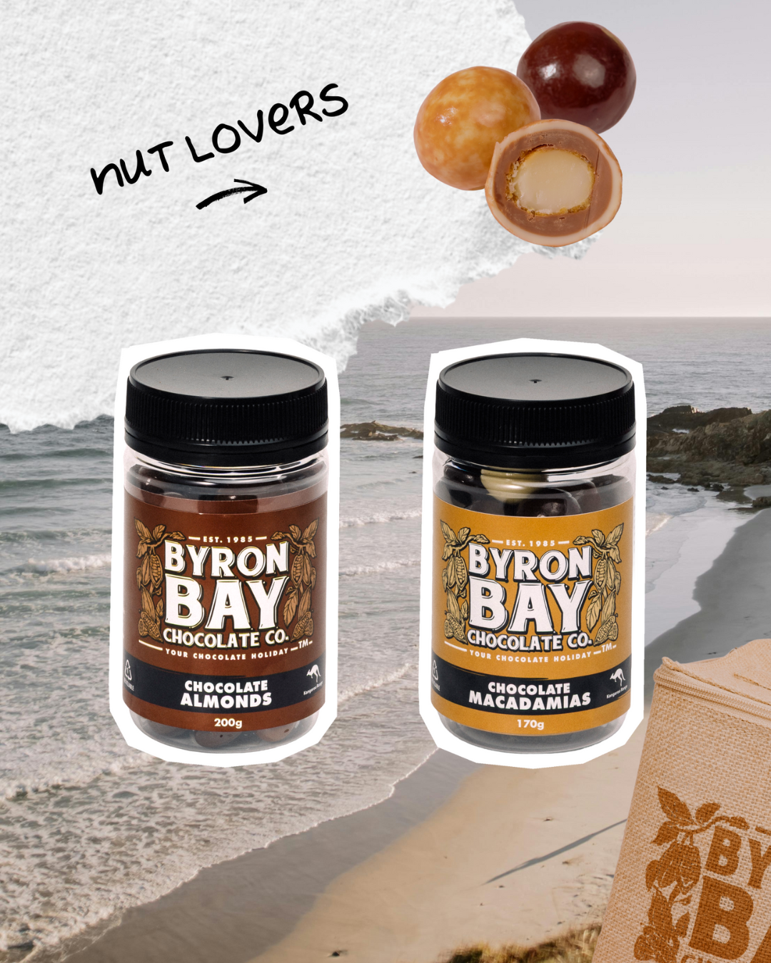 Two jars of Byron Bay Chocolate Co. chocolate nuts with a beach background