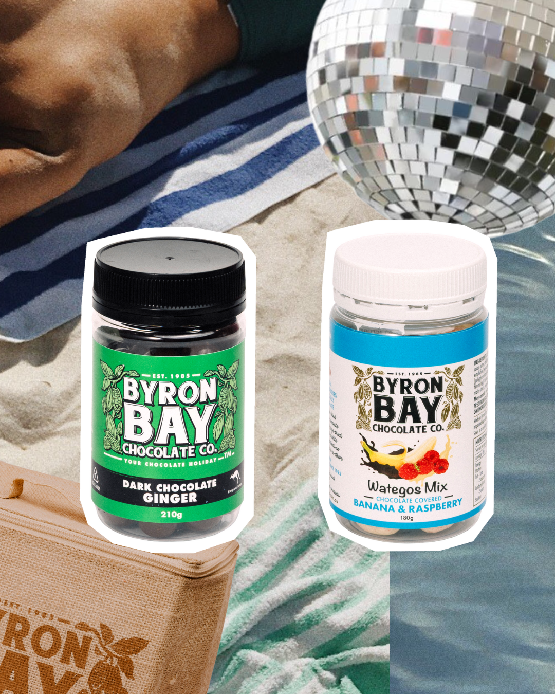 Two Byron Bay chocolate products on a beach setting with a disco ball in the background.