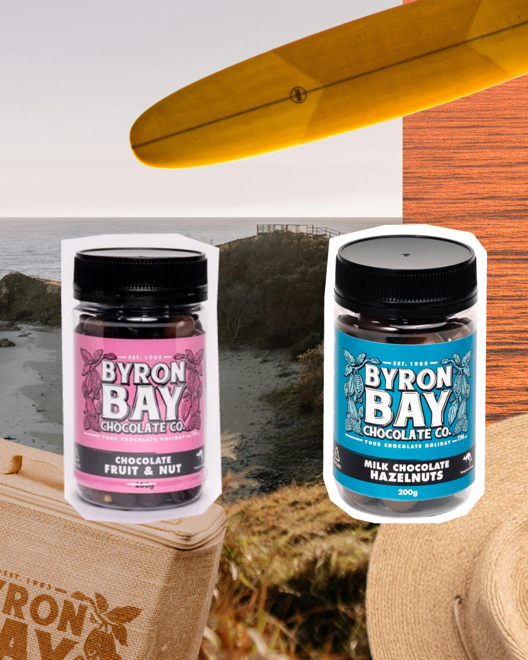 Two jars of Byron Bay Chocolate Co. on a scenic background with a kayak.