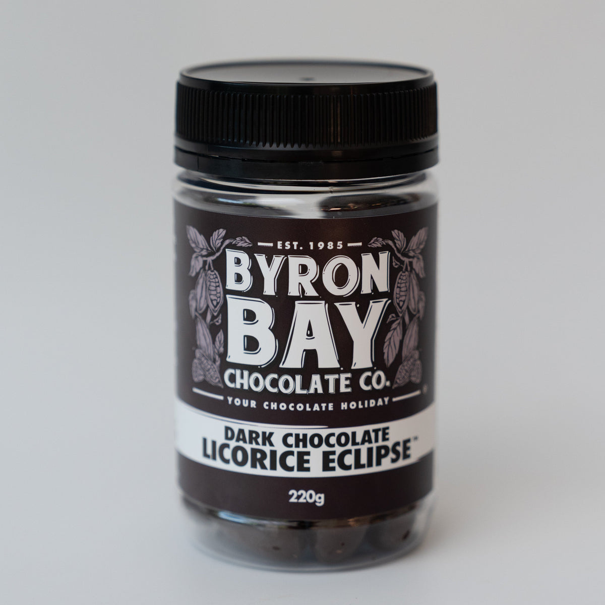 Jar of Byron Bay Chocolate Co. dark chocolate licorice on a white background